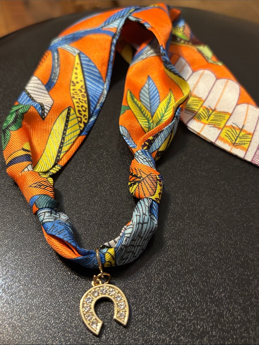 Orange Floral Twill Scarf Necklace with Gold Horseshoe Charm